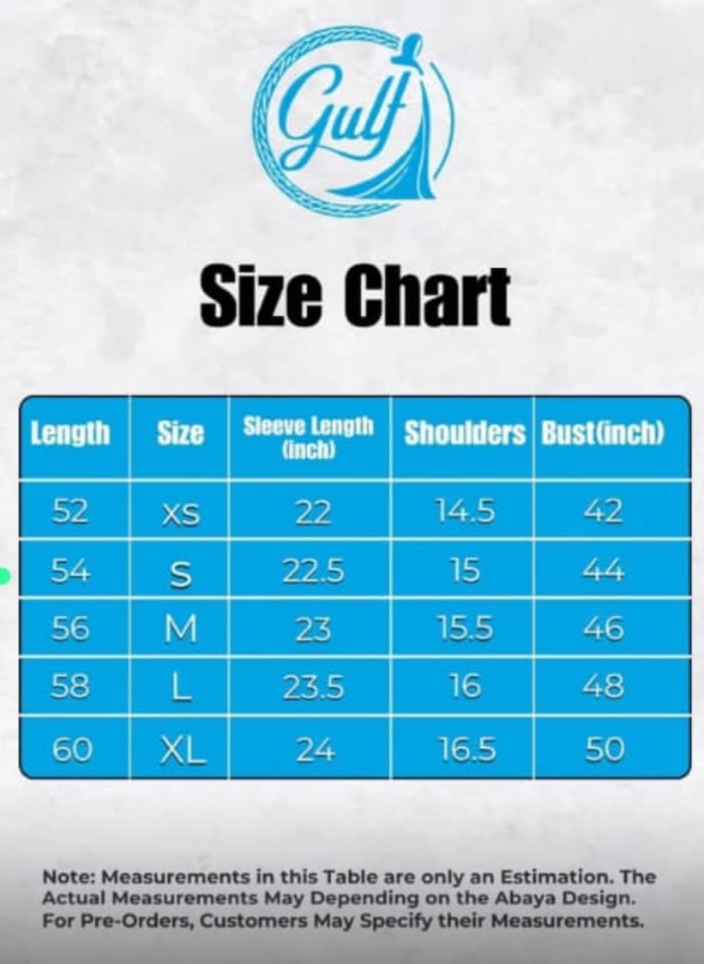 GulfAbaya Size Chart — full measurement guide